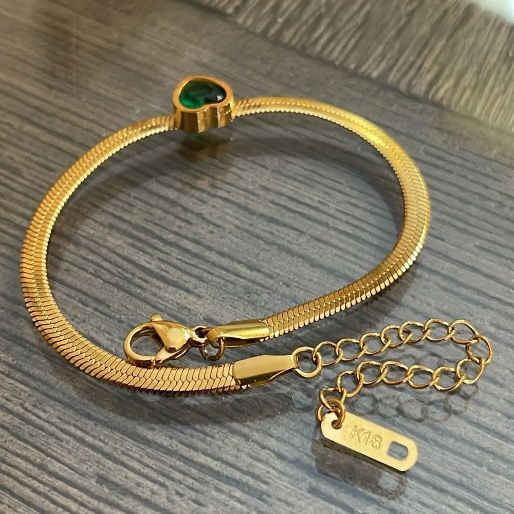 18K Gold Plated Stainless Steel Snake Chain Green Cubic Zirconia Heart Bracelet